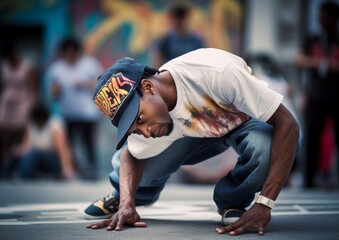 Fototapeta premium Black man breakdancing at the street while crowd watching. Generative AI.