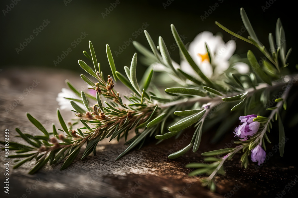 Wall mural green rosemary branch natura wood table