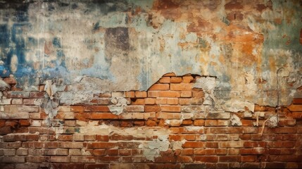 Faded and distressed brick wall with peeling plaster Generative AI