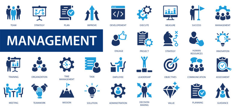 Management icon set. Business and management collection. Manager, teamwork, strategy, marketing, business, planning flat.
