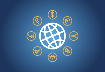 Illustration of a global currency exchange concept on a blue background