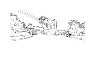 Building view with landmark of  Protaras Cyprus. Hand drawn sketch illustration in vector.