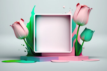 3D display with podium and pink tulip flowers. Floral podium for different products. AI generated illustration.