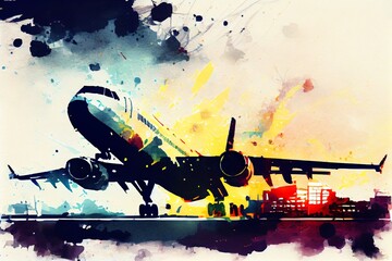 Watercolor Illustration of a Abstract Art. Colorful Painting Art Of A Modern Airplane Landing At The Airport. Background Illustration. Generative AI
