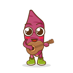 sweet potato fruit character mascot playing guitar isolated cartoon in flat style design.