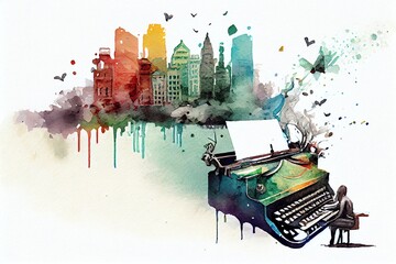 Watercolor Illustration of a Writer Creativity Imagination Concept Illustration, Typewriter Flying Over Cityscape. Generative AI - obrazy, fototapety, plakaty