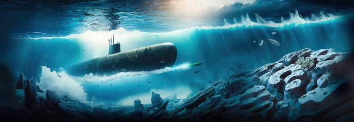 Generic military nuclear submarine floating in the middle of the ocean while shooting an undersea torpedo missile, wide banner with copy space area - Generative AI - obrazy, fototapety, plakaty