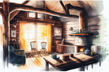 Watercolor Illustration of a Wooden Cabin Interior All Made In Timber With A Cozy Atmosphere. Generative AI