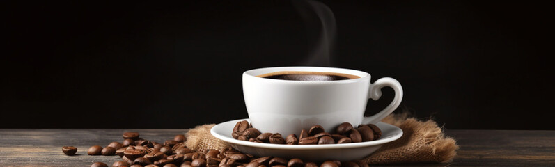 Coffee Espresso Cup With Beans On Wooden Table, generative AI