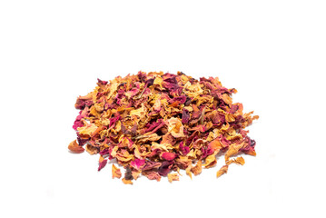Isolated dried rose petals, leaves, buds on white background. Desiccated colorful flower petals for aromatic herbal tea, beverage. Horizontal plane, close up