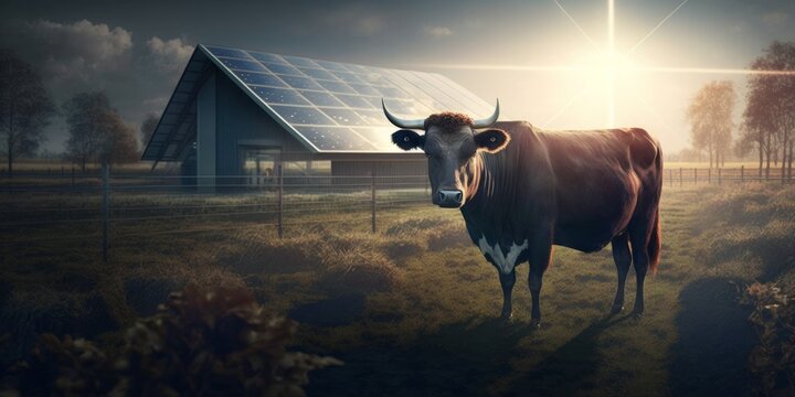 solar panels on farm roof in the countryside, renewable energy. generative ai