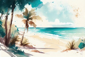 Watercolor Illustration of a Sunny Day, A Lovely Beach With Palm Trees And White Sand, A Clear Turquoise Ocean. Illustration. Generative AI