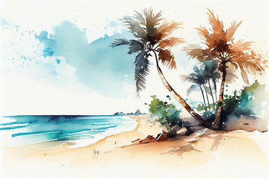 Watercolor Illustration of a Sunny Day, A Lovely Beach With Palm Trees And White Sand, A Clear Turquoise Ocean. Illustration. Generative AI