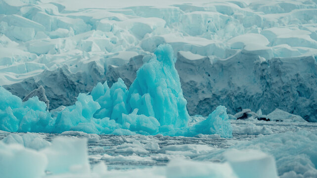 Glacier and Very Blue Iceberg, Floating in Antarctica, Landscape Image