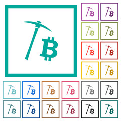 Bitcoin cryptocurrency mining flat color icons with quadrant frames
