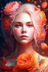 Fashion portrait of woman with colorful flowers. Inspiration of spring and summer. Beauty, flowers, makeup, perfume and cosmetics concept. AI generative.