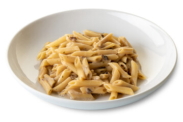 Penne rigate pasta with mushroom sauce in white dish
