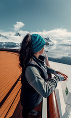 Female Tourist On Luxury Antarctica Cruise Ship Looking Out At The Stunning Scenic Arctic Landscape, Leaning on Railing on Bow