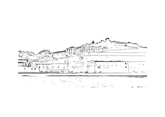 Building view with landmark of  porto novo Benin. Hand drawn sketch illustration in vector.