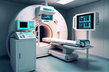 CT ( tomography) scanner room in hospital. Generative AI - obrazy, fototapety, plakaty