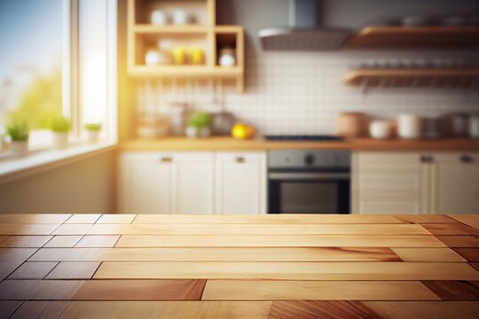 Wooden table top on blurred kitchen interior background. Generative AI