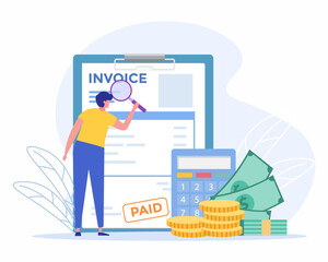 Man looking through magnifying glass at bill, Concept of financial document, payment.