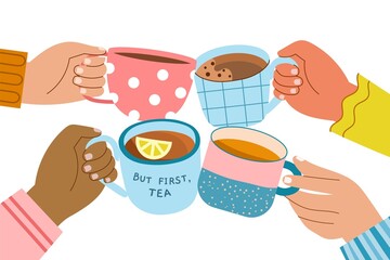 Clink tea and coffee cups. Cheers drinks in hands, friendly tea party, hot beverages lovers, people group, human arms, vector illustration.jpg