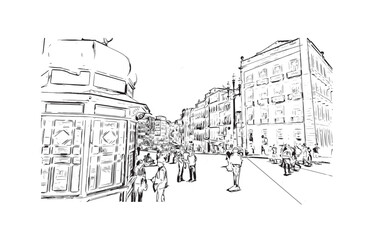 Building view with landmark of  porto novo Benin. Hand drawn sketch illustration in vector.