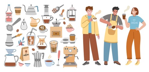 Cute coffee house elements. Funny barista makes cappuccino for visitors, popular hot drink with caffeine, grains, turk and syrup, vector set.jpg