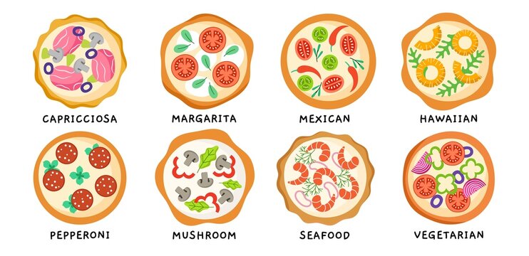 Different pizza types. Various popular Italian recipes, dough with vegetables, cheese and tomatoes, margherita and pepperoni, vector set.jpg