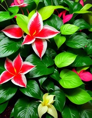 red flower and leafs garden background