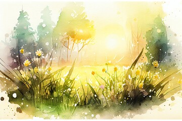 Obraz na płótnie Canvas Watercolor Illustration of a Fantastic Easter, Spring And Summer Meadow With Soft Bokeh And Sunshine. Generative AI