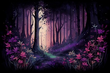 Watercolor Illustration of a Fairytale Forest At Night, Scenery Of Fantasy Purple Flowers And Blossom. Generative AI
