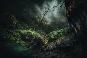 Fototapeta na wymiar Dark rainforest sun rays through trees with dense fog digital illustration AI generated