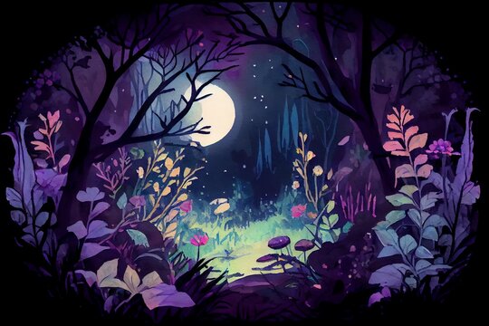 Watercolor Illustration of a Fairytale Forest At Night, Scenery Of Fantasy Purple Flowers And Blossom. Generative AI