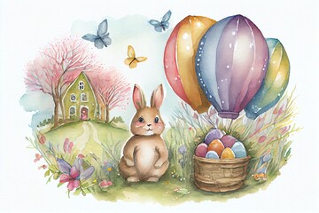 Watercolor Illustration of a Easter EggStravaganza With A Cute Bunny. Generative AI