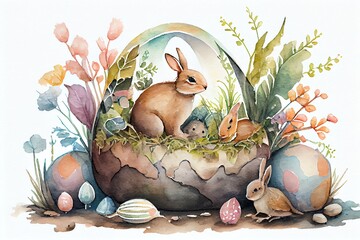 Watercolor Illustration of a Easter EggStravaganza With A Cute Bunny. Generative AI