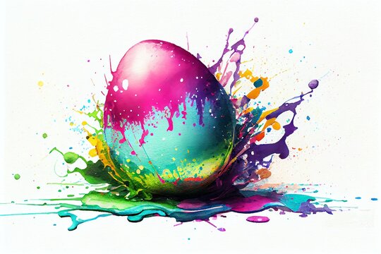 Watercolor Illustration of a Easter Egg In Colorful Splash. Generative AI