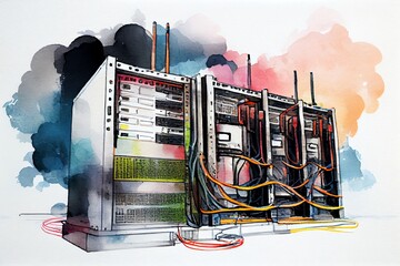 Watercolor Illustration of a Data Center And Computer Servers With Information Background. Image Illustration. Generative AI
