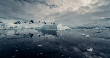 Snow and Glacier Landscape in Antarctica, Horizontal Image, Moody Day