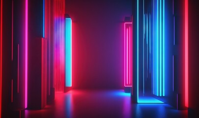  a room with neon colored walls and a door that is open to a hallway with a light coming through the door and the door is open.  generative ai