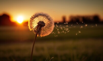  a dandelion blowing in the wind with the sun setting in the background and a field of grass and trees in the foreground.  generative ai