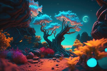 Alien planet with flora. Generative AI