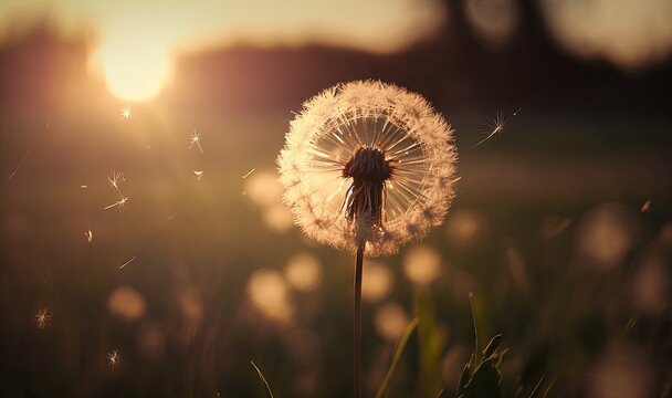  a dandelion with the sun setting in the background and a blurry image of the dandelion is in the foreground.  generative ai