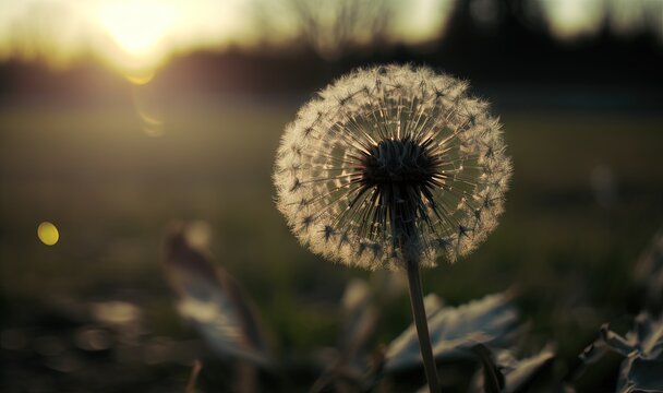  a dandelion in a field with the sun setting in the background and a blurry image of the dandelion in the foreground.  generative ai