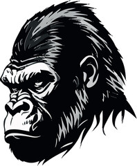 black and white illustration of a head of a gorilla
