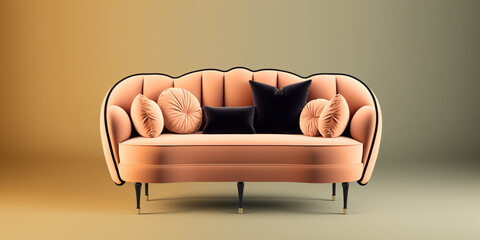 Warm Elegance: A Luxurious Apricot Fabric Sofa with Stylish Pink and Black Cushions for a Refined Concept Art Space. AI Generated Art.