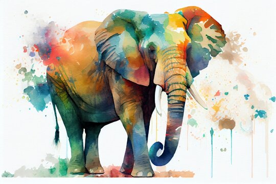 Watercolor Illustration of a Colorful Elephant Standing In Front Of White Background. Generative AI