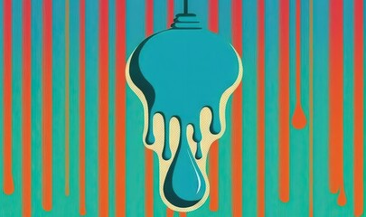  a painting of a blue bottle with a drop of liquid on it and a red and green background with vertical lines and drops of paint.  generative ai