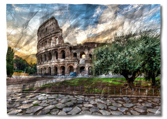 Fototapeta na wymiar Italy, Rome - Sunset behind the Colosseum, the most famous Roman landmark sightseeing.